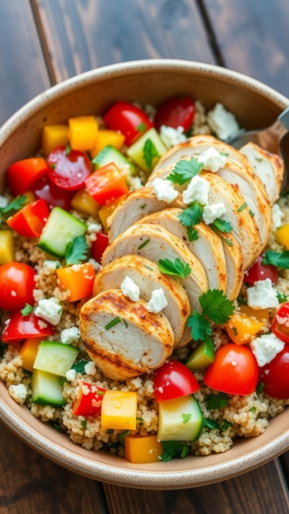 Grilled Chicken Quinoa Salad Recipe A colorful grilled chicken quinoa salad with vegetables and feta cheese in a rustic bowl.
